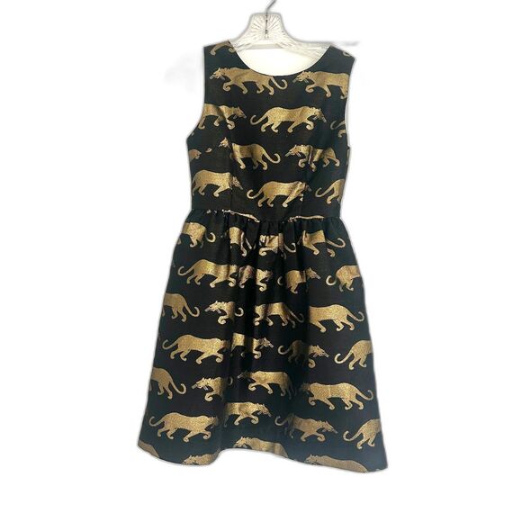 Anthropologie Eyedoll Black Gold Panther Cocktail Dress Pockets Fit Flare Size 0 - Picture 3 of 12
